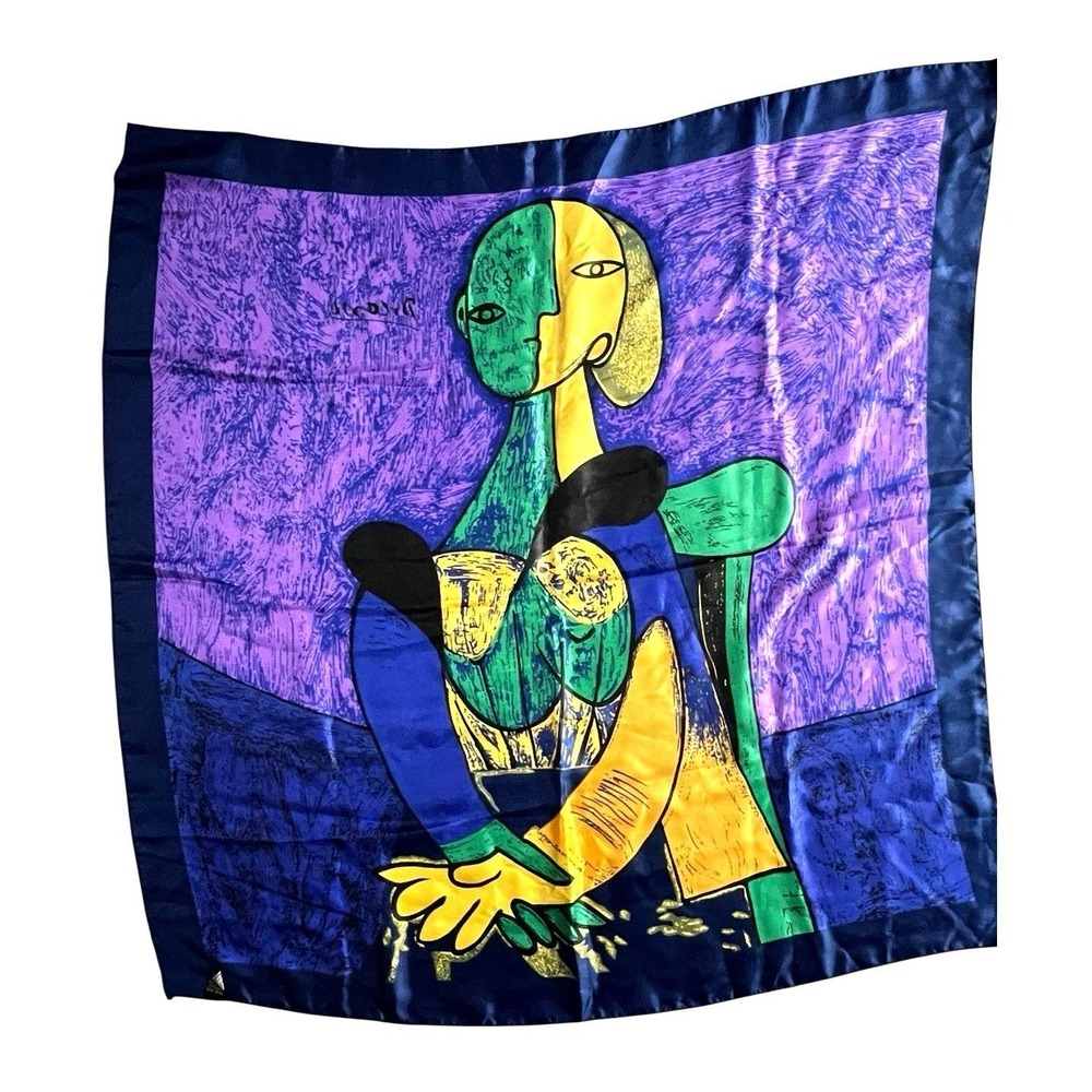 Picasso Inspired Cubist Portrait Scarf Large Square Purple Blue Satin Art Print